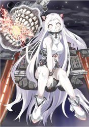 Rule 34 | 10s, 1girl, abyssal ship, airfield princess, c:, colored skin, highres, horns, kantai collection, long hair, looking at viewer, machinery, shoes, sitting, smile, solo, teeth, turret, very long hair, white hair, white skin, yuu (oosakazaijyuu)
