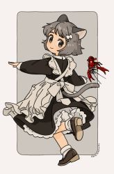 Rule 34 | 1girl, akai sashimi, animal ears, apron, black dress, border, brown footwear, cat ears, cat girl, cat tail, commentary request, crayfish, dress, from behind, full body, grey background, grey eyes, grey hair, highres, leg up, lobster, maid, maid apron, original, outside border, outstretched arms, shoes, short hair, signature, simple background, smile, socks, solo, spread arms, standing, tail, white border