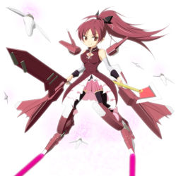 Rule 34 | 00s, 10s, 1girl, arche gundam, armor, breasts, crossover, detached sleeves, flying, gundam, gundam 00, hair ribbon, kalx, laser, long hair, looking at viewer, magical girl, mahou shoujo madoka magica, missile, polearm, ponytail, red eyes, red hair, ribbon, sakura kyoko, sakura kyoko (magical girl), simple background, skirt, smile, solo, soul gem, spear, spread legs, sword, thighhighs, weapon, white background, zettai ryouiki