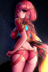 Rule 34 | 1girl, absurdres, ass, breasts, butt crack, highres, large breasts, looking at viewer, looking back, nintendo, pyra (xenoblade), red eyes, red hair, smile, solo, xenoblade chronicles (series), xenoblade chronicles 2, xenoblade chronicles (series), xenoblade chronicles 2