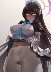 Rule 34 | 1girl, apron, aqua bow, aqua bowtie, backlighting, bare arms, black dress, black pubic hair, blue archive, bow, bowtie, breasts, brown hair, clothes lift, covered erect nipples, cowboy shot, dark-skinned female, dark skin, dress, dress lift, female pubic hair, frills, gloves, groin, hair between eyes, halo, high-waist pantyhose, highres, karin (blue archive), large breasts, lifted by self, long hair, looking at viewer, maid, maid headdress, moderate pubic hair, navel, no panties, pantyhose, parted lips, pinky out, polki, pubic hair, puffy short sleeves, puffy sleeves, see-through, short sleeves, slit pupils, solo, stomach, toned, very long hair, white apron, white gloves, white pantyhose, yellow eyes