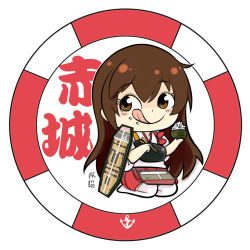 Rule 34 | 10s, 1girl, :q, akagi (kancolle), alson, brown eyes, brown hair, chibi, chopsticks, flight deck, food, food on face, holding, japanese clothes, kantai collection, long hair, muneate, pleated skirt, rice, rice bowl, rice on face, sitting, skirt, smile, solo, tongue, tongue out, translation request