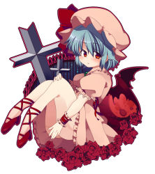 Rule 34 | 1girl, :/, ankle lace-up, bad id, bad nicoseiga id, bat wings, blue hair, blush, cross, cross-laced footwear, female focus, flower, hat, legs up, matatabi maru, mob cap, moon, red eyes, red flower, red moon, red rose, remilia scarlet, rose, short hair, sitting, solo, touhou, wings, wrist cuffs