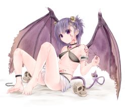 Rule 34 | 1girl, arm strap, arm tattoo, barefoot, black choker, breasts, chain, choker, commentary request, demon girl, demon horns, demon tail, demon wings, earrings, facial tattoo, feet, frills, full body, gabriel dropout, hair ornament, hairclip, halterneck, heart, heart earrings, heart o-ring, highres, horns, jewelry, knees up, lock, nail polish, o-ring, o-ring top, padlock, parted lips, pubic tattoo, purple eyes, purple hair, purple nails, sazanka, short hair, simple background, sitting, skirt, skull, small breasts, solo, stomach tattoo, tail, tattoo, toes, vignette tsukinose april, white background, white skirt, wings
