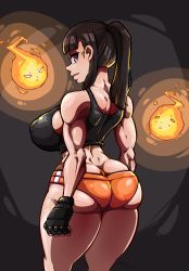 Rule 34 | 1girl, absurdres, anguriask, ass, back, black gloves, black hair, breasts, butt crack, en&#039;en no shouboutai, fingerless gloves, fire, flare (en&#039;en no shouboutai), gloves, highres, large breasts, long hair, looking at viewer, looking back, maki oze, muscle, muscular, muscular female, ponytail, purple eyes, purple hair, smile, solo, sputter (en&#039;en no shouboutai), tank top, thick thighs, thighs