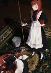 Rule 34 | 1girl, apron, black dress, blood, blood on clothes, broom, brown eyes, bucket, carpet, corpse, dress, from above, glass, green eyes, hand on own hip, highres, holding, holding broom, indoors, juliet sleeves, kotobuki nashiko, long hair, long sleeves, maid, maid apron, original, pantyhose, puffy sleeves, red hair, shoes, smile, standing, waist apron, water, white pantyhose, wooden floor