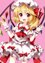 Rule 34 | 1girl, ascot, blonde hair, bow, collared shirt, cosplay, crystal, flandre scarlet, hair between eyes, hat, hat ribbon, highres, jewelry, looking at viewer, medium hair, mob cap, open mouth, pink background, red ascot, red bow, red eyes, red ribbon, remilia scarlet, remilia scarlet (cosplay), ribbon, ribbon-trimmed skirt, ribbon trim, ruu (tksymkw), shirt, short sleeves, side ponytail, simple background, skirt, smile, solo, standing, touhou, white hat, white shirt, white skirt, wings, wrist cuffs