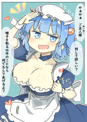 Rule 34 | 1girl, alternate costume, apron, blue eyes, blue hair, blush, breasts, cleavage, commentary, green background, hair bobbles, hair ornament, hat, heart, kawashiro nitori, large breasts, looking at viewer, maid, matsu kitsune, mob cap, open mouth, short hair, short sleeves, simple background, solo, touhou, translated, two side up, white apron, white hat, wrist cuffs