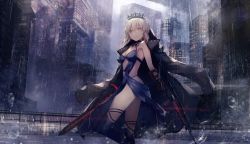 Rule 34 | 1girl, armpits, artoria pendragon (all), artoria pendragon (alter swimsuit rider) (third ascension) (fate), artoria pendragon (fate), bare arms, black coat, black dress, black gloves, black thighhighs, blonde hair, braid, breasts, city, city lights, cityscape, cleavage, clothing cutout, coat, commentary request, crown, dress, dual wielding, fate/grand order, fate (series), feet out of frame, gloves, grey sky, highleg, highleg panties, highres, holding, holding sword, holding weapon, jacket, jacket on shoulders, light smile, long sleeves, looking at viewer, navel cutout, negative space, open clothes, open coat, outdoors, panties, parted lips, pelvic curtain, railing, rain, saber alter, short hair, sky, sleeveless, sleeveless dress, small breasts, solo, standing, standing on one leg, sword, thighhighs, thighs, thkani, underwear, water, weapon, wide shot, yellow eyes