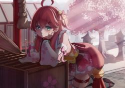 Rule 34 | 1girl, absurdres, ahoge, bridal garter, cherry blossom print, cherry blossoms, detached sleeves, floral print, green eyes, hair ornament, hairclip, hand on own cheek, hand on own face, highres, hololive, looking at viewer, nontraditional miko, nyan (reinyan 007), pink hair, sakura miko, sakura miko (1st costume), solo, tree, virtual youtuber, x hair ornament