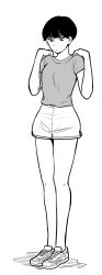 Rule 34 | 1girl, dolphin shorts, exercising, greyscale, hands on own shoulders, highres, monochrome, nikaidou kou, original, shirt, shoes, short hair, short shorts, short sleeves, shorts, simple background, solo, standing, t-shirt, white background
