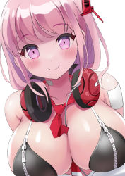 Rule 34 | 1girl, absurdres, between breasts, bikini, black bikini, black jacket, blue archive, blush, breasts, cleavage, closed mouth, commentary request, eimi (blue archive), halo, highres, jacket, large breasts, long hair, looking at viewer, necktie, necktie between breasts, pink hair, purple eyes, red necktie, saibashi (develop komono), smile, solo, swimsuit, upper body, white hair