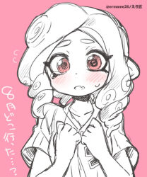 Rule 34 | blush, eromame, hand on own chest, looking at viewer, nintendo, octoling, octoling girl, octoling player character, pink background, pink eyes, shirt, splatoon (series), splatoon 3, sweat, t-shirt, tears, tentacle hair