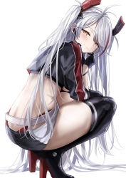 Rule 34 | 1girl, antenna hair, azur lane, back, black footwear, black gloves, black thighhighs, blush, boots, commentary request, from behind, from side, gloves, high heel boots, high heels, highres, japanese clothes, kimono, long hair, looking back, multicolored hair, official alternate costume, parted lips, ponpon nun, prinz eugen (azur lane), prinz eugen (final lap) (azur lane), red hair, silver hair, simple background, solo, squatting, streaked hair, thigh boots, thighhighs, two side up, very long hair, white background, yellow eyes