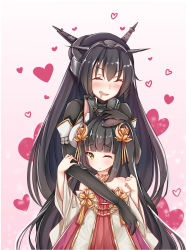 Rule 34 | 2girls, :d, animal ears, azur lane, bare shoulders, black coat, black gloves, black hair, blush, closed eyes, coat, collar, commentary request, crossover, drooling, elbow gloves, gloves, hair between eyes, hair ornament, hand up, headgear, heart, highres, historical name connection, hug, hug from behind, japanese clothes, kantai collection, kimono, long hair, long sleeves, looking at viewer, mouth drool, multiple girls, nagato (azur lane), nagato (kancolle), name connection, off shoulder, open mouth, remodel (kantai collection), scarlet dango, smile, standing, very long hair, white kimono, wide sleeves