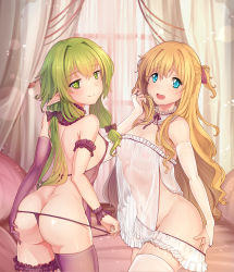Rule 34 | 10s, 2girls, :&gt;, arched back, arm behind back, arm garter, ass, bad id, bad pixiv id, bare shoulders, bed, blonde hair, blue eyes, blush, bow, breasts, bridal garter, bridal gauntlets, butt crack, chinese clothes, commentary request, covered erect nipples, cowboy shot, curtains, detached collar, dudou, elf, from side, gloves, goblin slayer!, green eyes, green hair, hair bow, half-closed eyes, hand in own hair, high elf archer (goblin slayer!), highres, indoors, lingerie, long hair, looking at viewer, looking back, multiple girls, nipples, open mouth, panties, panty pull, pointy ears, priestess (goblin slayer!), pulling own clothes, purple bow, purple gloves, purple legwear, revision, rhineheim, see-through, shiny skin, side ponytail, single glove, single thighhigh, small breasts, smile, standing, string panties, thighhighs, thong, underwear, white legwear, window, wrist cuffs