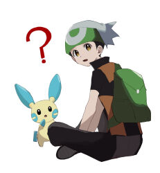 Rule 34 | 1boy, ?, backpack, bag, beanie, brendan (pokemon), brown eyes, commentary request, creatures (company), game freak, gen 3 pokemon, green bag, hat, highres, kotan (cho mateyo), looking at viewer, looking to the side, male focus, minun, nintendo, open mouth, pants, pokemon, pokemon (creature), pokemon emerald, pokemon rse, shirt, short sleeves, simple background, sitting, white background