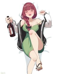 Rule 34 | 1girl, absurdres, bed sheet, black bow, black jacket, black nails, bocchi the rock!, bow, braid, breasts, clog sandals, dress, drunk, feet, gar32, green dress, hair bow, highres, hiroi kikuri, jacket, large breasts, lying, medium breasts, on back, on bed, red hair, single braid, smile, solo, thighs, toes, white background