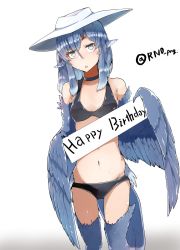 Rule 34 | 1girl, animal ears, bare shoulders, bikini, bird ears, bird legs, bird tail, birthday, black bikini, black choker, blue feathers, blue hair, blue wings, breasts, choker, commentary request, eyebrows hidden by hair, feathered wings, feathers, grey eyes, hair between eyes, harpy, hat, highres, holding, holding sign, long hair, miura (rnd.jpg), monster girl, navel, open mouth, original, rnd.jpg (artist), sign, simple background, small breasts, solo, sun hat, swimsuit, tail, twitter username, white background, white hat, winged arms, wings