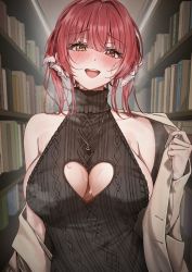 Rule 34 | 1girl, :d, amyu (amm asl pa), bare shoulders, blush, bookshelf, breast cutout, breasts, dress, hair ribbon, heterochromia, highres, hololive, houshou marine, jacket, large breasts, long hair, looking at viewer, open mouth, red eyes, red hair, ribbon, sleeveless, smile, solo, steam, sweat, turtleneck, turtleneck dress, twintails, virtual youtuber, yellow eyes