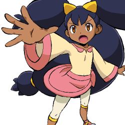 Rule 34 | 1girl, arm up, big hair, brown eyes, collarbone, creatures (company), dark-skinned female, dark skin, female focus, flat chest, foreshortening, game freak, gomatarou (pixiv196136), hair ornament, hair tie, iris (pokemon), jaggy lines, leggings, long hair, long sleeves, looking up, lowres, miniskirt, nintendo, open mouth, outstretched arm, pink footwear, pink skirt, pokemon, pokemon bw, purple hair, shirt, shoes, simple background, skirt, solo, spread fingers, standing, v-shaped eyebrows, very long hair, white background, white leggings, yellow shirt