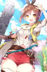Rule 34 | 1girl, :d, arm up, atelier (series), atelier ryza, atelier ryza 1, belt, belt buckle, beret, black ribbon, blue belt, blue sky, blurry, blurry background, blurry foreground, blush, breasts, brown belt, brown gloves, brown hair, buckle, cleavage, cloud, collarbone, commentary request, day, depth of field, flask, flower, gloves, hair ornament, hair ribbon, hairclip, hat, highres, jacket, jewelry, kouda suzu, looking at viewer, navel, necklace, open clothes, open jacket, open mouth, outdoors, pillar, pink flower, puffy short sleeves, puffy sleeves, red shorts, reisalin stout, ribbon, round-bottom flask, shirt, short shorts, short sleeves, shorts, single glove, sky, sleeveless, sleeveless jacket, small breasts, smile, solo, star (symbol), star necklace, thighhighs, vial, white hat, white shirt, white thighhighs, yellow eyes, yellow jacket