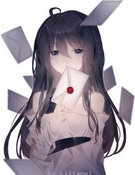 Rule 34 | arm up, bandaged arm, bandages, bare shoulders, black hair, commission, covering own mouth, grey eyes, holding, letter, lilianei, long hair, looking at viewer, original, upper body