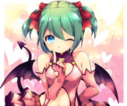 Rule 34 | 1girl, bad id, bad pixiv id, bare shoulders, blue eyes, bow, cleavage cutout, closed mouth, clothing cutout, demon girl, demon tail, demon wings, elbow gloves, fingerless gloves, gloves, green hair, hair bow, hatsune miku, heart, heart background, heart cutout, heart hunter (module), highres, looking at viewer, navel, one eye closed, pink gloves, red bow, ryuuga sazanami, short hair, smile, solo, tail, twintails, upper body, vocaloid, wings