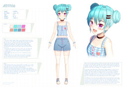 Rule 34 | 1girl, :d, bare shoulders, black choker, blue camisole, blue footwear, blue hair, blue shorts, blush, bracelet, breasts, camisole, character profile, choker, closed mouth, collarbone, color guide, commentary, commission, denim, denim shorts, double bun, english commentary, hair between eyes, hair bun, hair ornament, hairclip, highres, jewelry, looking at viewer, multiple views, open mouth, original, pearl bracelet, plaid, prophosphere, purple eyes, shoes, short shorts, shorts, small breasts, smile, standing, thighhighs, white background, white thighhighs