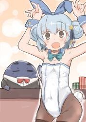Rule 34 | 1girl, 1other, animal ears, arms up, bad id, bad pixiv id, blue hair, blue neckwear, bow, bowtie, brown pantyhose, commentary, commentary request, cowboy shot, detached collar, double bun, enjaku izuku, fake animal ears, fangs, flat chest, hair bun, highleg, highleg leotard, highres, kantai collection, leotard, little blue whale (kancolle), looking at viewer, pantyhose, playboy bunny, poker chip, rabbit ears, rabbit tail, samuel b. roberts (kancolle), short hair, skin fangs, smile, strapless, strapless leotard, tail, thighband pantyhose, whale, white leotard, wrist cuffs, yellow eyes