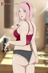 Rule 34 | 1girl, agung911, ass, bare shoulders, blurry, blurry background, blush, boruto: naruto next generations, crop top, exercising, floor, from behind, green eyes, gym, hairband, hand on own ass, haruno sakura, highres, indoors, looking back, naruto (series), open mouth, patreon logo, pink hair, punching bag, red shirt, shirt, short hair, shoulder blades, sidelocks, signature, steam, steaming body, sunlight, sweat, thighs, underwear