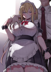Rule 34 | 1boy, 1girl, absurdres, apron, blonde hair, blue eyes, blush, bow, bowtie, breasts, collared shirt, crotch grab, dress, elf, garter straps, grabbing, half-closed eyes, hetero, highres, large breasts, long hair, looking at another, maid, maid headdress, mitsudoue, necktie, original, panties, pants, parted lips, pinching, pointy ears, puffy short sleeves, puffy sleeves, shirt, short sleeves, sweat, underwear, wrist cuffs