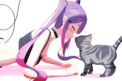 Rule 34 | 1girl, all fours, bare arms, bare shoulders, black choker, black tank top, blush, cat, choker, closed mouth, crop top, ear piercing, closed eyes, hair ornament, hairclip, heart, highres, hololive, long hair, midriff, multicolored hair, no headwear, no headwear, noses touching, o-ring, o-ring choker, piercing, pink hair, pointy ears, purple hair, sidelocks, simple background, smile, streaked hair, tail, tank top, tokoyami towa, twintails, upper body, virtual youtuber, white background, zabtonel2