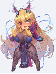 Rule 34 | 1girl, absurdly long hair, armor, black dress, blonde hair, blush, brown pantyhose, chain, chibi, dress, barghest (fate), barghest (second ascension) (fate), fang, fate/grand order, fate (series), gauntlets, green eyes, heterochromia, highres, horns, long hair, looking at viewer, muscular, muscular female, pantyhose, pauldrons, pelvic curtain, red eyes, sawayuzu, shoulder armor, single gauntlet, single pauldron, skin fang, solo, very long hair