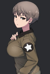 Rule 34 | 1girl, absurdres, black background, brown eyes, brown hair, brown jacket, closed mouth, commentary, emblem, freckles, from side, frown, girls und panzer, hand on own chest, highres, jacket, long sleeves, looking at viewer, military, military uniform, naomi (girls und panzer), onsen tamago (hs egg), saunders military uniform, short hair, simple background, solo, star (symbol), uniform, very short hair