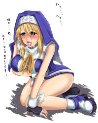 Rule 34 | 1girl, arm under breasts, blonde hair, blue eyes, blue footwear, blue gloves, blush, breasts, bridget (guilty gear), dress, fingerless gloves, genderswap, genderswap (mtf), gloves, guilty gear, homura (haku89), large breasts, looking at viewer, mars symbol, nun, aged up, open mouth, tongue, tongue out