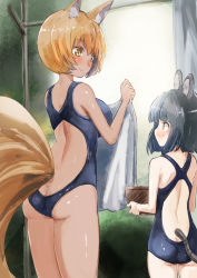 Rule 34 | 2girls, animal ears, ass, back, bare shoulders, basket, blonde hair, blush, breasts, brown hair, butt crack, fox ears, highres, large breasts, laundry, mouse ears, mouse tail, multiple girls, multiple tails, nazrin, no headwear, no headwear, silver hair, slit pupils, smile, standing, swimsuit, tail, touhou, yakumo ran, yellow eyes, yohane