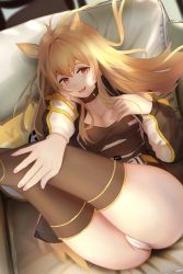 Rule 34 | 1girl, :d, absurdres, animal collar, animal ears, arknights, ass, bed, breasts, brown shirt, brown thighhighs, ceobe (arknights), cleavage, collar, dog ears, fang, hair between eyes, highres, jacket, laozhanshi, large breasts, legs up, long hair, looking at viewer, lying, on back, on bed, open clothes, open jacket, open mouth, orange hair, panties, pillow, red eyes, shirt, smile, solo, thighhighs, underwear, very long hair, white panties