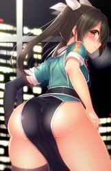 Rule 34 | 10s, 1girl, arched back, ass, asymmetrical legwear, ayuteisyoku, bare hips, black gloves, black thighhighs, blush, brown eyes, brown hair, building, commentary, dress, elbow gloves, gloves, hair between eyes, hair ribbon, jacket, kantai collection, leaning forward, lights, long hair, looking at viewer, looking back, night, night sky, no panties, no pants, pelvic curtain, reflection, ribbon, short dress, side slit, single elbow glove, single thighhigh, sky, skyscraper, solo, thighhighs, tone (kancolle), tone kai ni (kancolle), twintails, uneven legwear, window