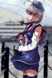Rule 34 | 1girl, absurdres, ahoge, bare shoulders, beret, black hat, black jacket, black skirt, black thighhighs, blue eyes, braid, brown footwear, brown hair, commentary request, cowboy shot, detached sleeves, hair flaps, hair ornament, hair over shoulder, hat, highres, holding, holding umbrella, jacket, kantai collection, loafers, looking to the side, official alternate costume, photo background, pleated skirt, rain, shigure (kancolle), shigure kai ni (kancolle), shoes, single braid, skirt, smile, solo, thighhighs, umbrella, yoko hata