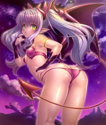 Rule 34 | 00s, 1girl, ass, back, bare legs, bare shoulders, bat wings, bikini, breasts, bridal gauntlets, butt crack, demon girl, fangs, female focus, kagami hirotaka, legs, lilim (taimanin asagi battle arena), lilith-soft, long hair, looking at viewer, looking back, night, partially visible vulva, shiny skin, sky, small breasts, solo, swimsuit, tail, taimanin (series), taimanin asagi, taimanin asagi kessen arena, thong, twintails, underwear, wings