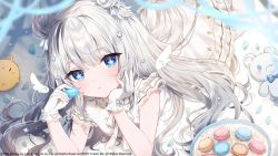 Rule 34 | + +, 1girl, animal, azur lane, bird, blue eyes, chick, closed mouth, commentary request, copyright notice, double bun, dress, food, gloves, grey hair, hair bun, hands up, highres, holding, holding food, le malin (azur lane), long hair, looking at viewer, lying, macaron, mafuyu (chibi21), manjuu (azur lane), official art, on stomach, petals, plate, solo, stuffed animal, stuffed toy, teddy bear, very long hair, white dress, white gloves