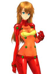 Rule 34 | 00s, 1girl, blue eyes, bodysuit, bra, bracer, breasts, brown hair, cleavage, clothes writing, covered navel, cowboy shot, curvy, english text, evangelion: 2.0 you can (not) advance, frown, gloves, groin, hair down, highres, ken (flsk), long hair, looking at viewer, medium breasts, multicolored clothes, narrow waist, neon genesis evangelion, no panties, orange hair, pilot suit, plugsuit, rebuild of evangelion, see-through, see-through bodysuit, see-through cleavage, simple background, solo, souryuu asuka langley, standing, test plugsuit, turtleneck, underwear, white background, wide hips