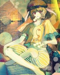 Rule 34 | 1girl, abstract background, animal ears, blonde hair, cabbie hat, commentary request, crossed legs, dango, floppy ears, food, food in mouth, foot out of frame, hat, looking at viewer, midriff, navel, on ( l0 ), rabbit ears, red eyes, ringo (touhou), shirt, short hair, short sleeves, shorts, solo, touhou, wagashi, yellow shirt, yellow shorts