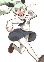 Rule 34 | 1girl, anchovy (girls und panzer), angry, anzio school uniform, belt, black belt, black footwear, black necktie, black ribbon, black skirt, blush, commentary, dress shirt, drill hair, emblem, frown, girls und panzer, green hair, hair ribbon, loafers, long hair, long sleeves, looking back, miniskirt, necktie, open mouth, panties, panties under pantyhose, pantyhose, pleated skirt, red eyes, ribbon, running, school uniform, shirt, shoes, simple background, skirt, solo, tearing up, translated, twin drills, twintails, twitter username, underwear, v-shaped eyebrows, white background, white pantyhose, white shirt, wing collar, zannen na hito