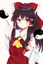 Rule 34 | 1girl, ascot, bad id, bad twitter id, black hair, blush, bow, brown eyes, closed mouth, detached sleeves, dress, food, food on face, hair bow, hair tubes, hakurei reimu, highres, holding, holding food, japanese clothes, kitty, long hair, looking at viewer, miko, orb, pocky, pocky day, red bow, red dress, ribbon-trimmed sleeves, ribbon trim, simple background, smile, solo, touhou, upper body, white sleeves, wide sleeves, yellow ascot, yin yang, yin yang orb