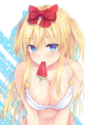 Rule 34 | 1girl, bare shoulders, bikini, blonde hair, blue eyes, bow, breasts, cleavage, collarbone, colored eyelashes, commentary request, cowboy shot, food, frilled bikini, frills, hair between eyes, hair bow, hair ribbon, highres, ice cream, large breasts, leaning forward, looking at viewer, mouth hold, nagare yoshimi, navel, original, popsicle, red ribbon, ribbon, solo, stomach, swimsuit, two side up, v arms, watermelon bar