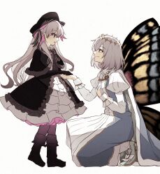 Rule 34 | 1boy, 1girl, beret, black dress, blue eyes, boots, bow, butterfly wings, crown, dress, fate/grand order, fate (series), grey hair, hand on own chest, hat, highres, insect wings, kneeling, nursery rhyme (fate), oberon (fate), purple eyes, razuri rapisu, striped bow, wings
