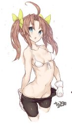 Rule 34 | 1girl, :o, ahoge, aqua eyes, bare shoulders, bike shorts, bike shorts pull, bikini, bikini top only, black shorts, blush, bow, breasts, breasts apart, chestnut mouth, collarbone, cropped legs, duplicate, front-tie bikini top, front-tie top, gloves, goekawa, groin, hair bow, kagerou (kancolle), kantai collection, long hair, looking at viewer, navel, no panties, open mouth, parted bangs, ribbon, shorts, sidelocks, simple background, small breasts, solo, standing, stomach, swimsuit, tareme, twintails, white background, white bikini, white gloves, white ribbon, yellow bow