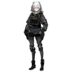 Rule 34 | 1girl, artist request, black footwear, black gloves, black pants, boots, closed mouth, expressionless, fingerless gloves, full body, girls&#039; frontline, girls&#039; frontline neural cloud, gloves, grey hair, highres, knee pads, load bearing vest, long sleeves, looking at viewer, medium hair, military, military uniform, official art, pants, solo, standing, tasha (neural cloud), third-party source, transparent background, uniform, yellow eyes